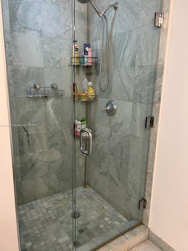 bathroom featuring a shower with shower door