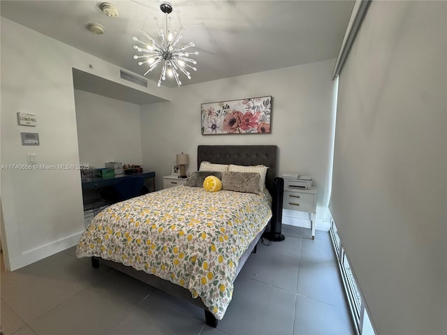 bedroom featuring an inviting chandelier, tile patterned floors, and baseboard heating