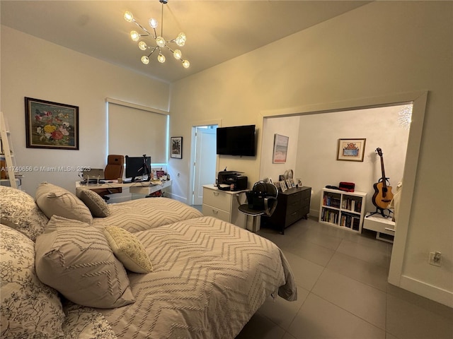 bedroom featuring an inviting chandelier, lofted ceiling, and tile patterned flooring