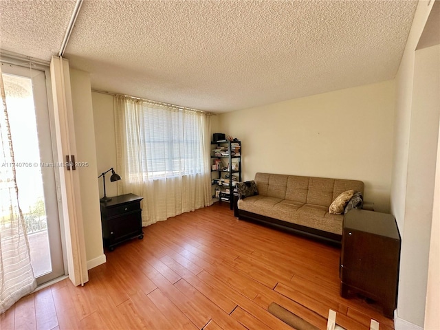 living room featuring wood-type flooring and a textured ceiling