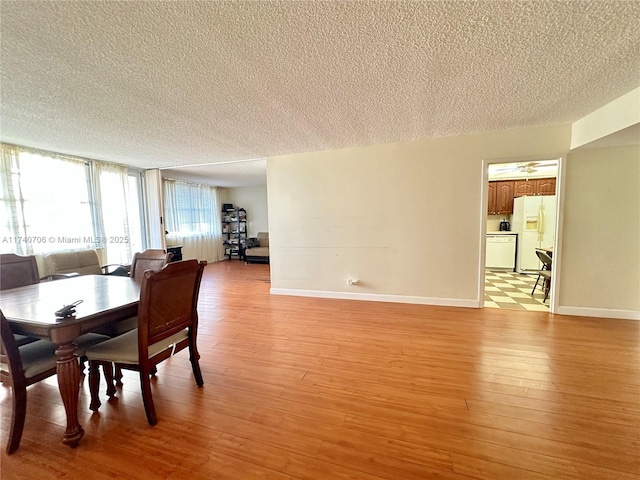 dining room featuring a textured ceiling and light hardwood / wood-style flooring