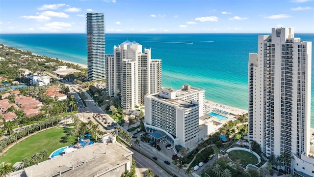 bird's eye view with a water view and a view of the beach