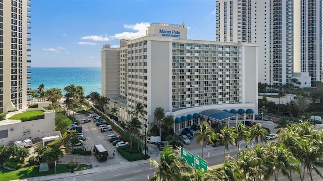 view of building exterior featuring a water view