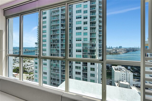 interior space featuring a water view