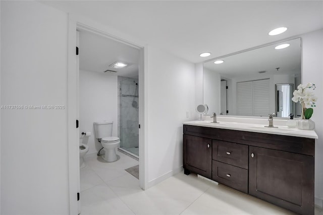 bathroom featuring a bidet, walk in shower, vanity, and toilet