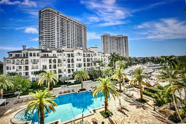 view of swimming pool with a patio area