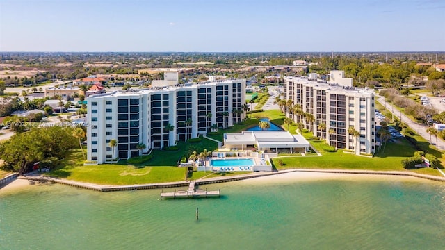 aerial view featuring a water view