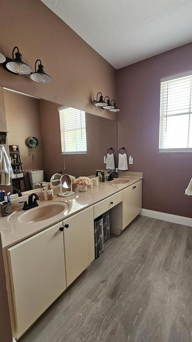 bathroom with hardwood / wood-style flooring, vanity, a healthy amount of sunlight, and toilet