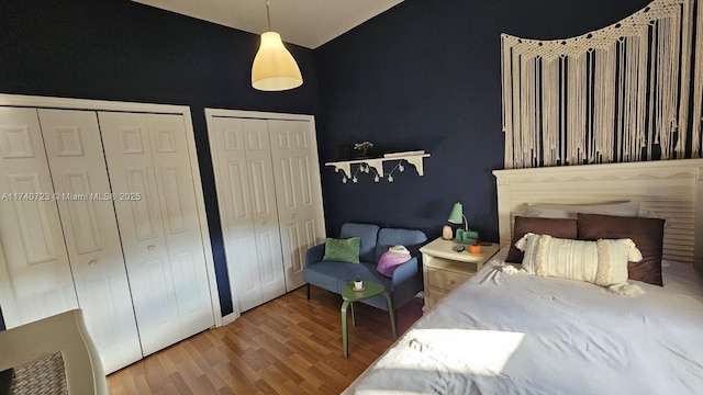 bedroom featuring vaulted ceiling, two closets, and hardwood / wood-style floors