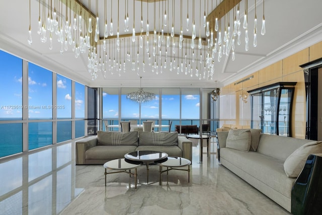 sunroom / solarium featuring a water view and a chandelier