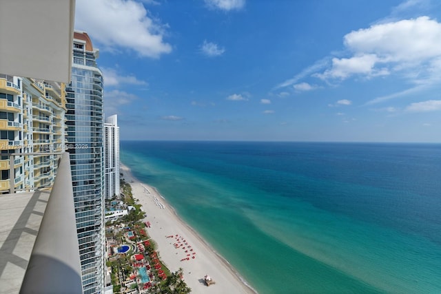 view of water feature with a beach view