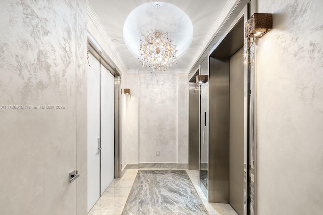 hallway with ornamental molding and a notable chandelier