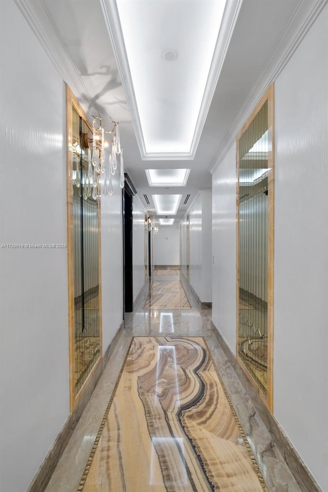 hallway featuring crown molding and a raised ceiling