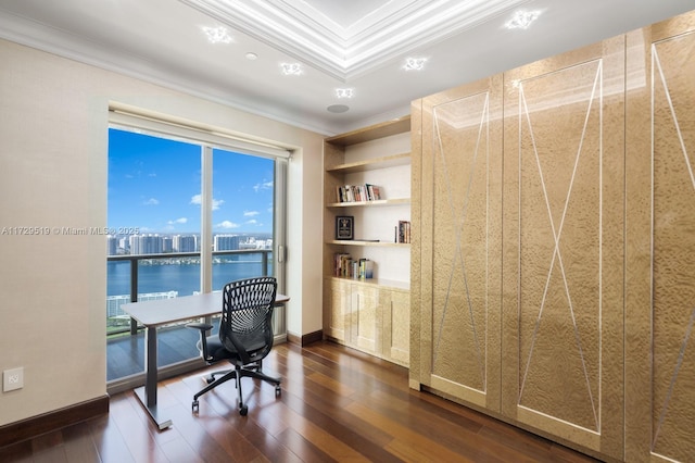 office area with crown molding, a water view, built in features, and dark hardwood / wood-style flooring