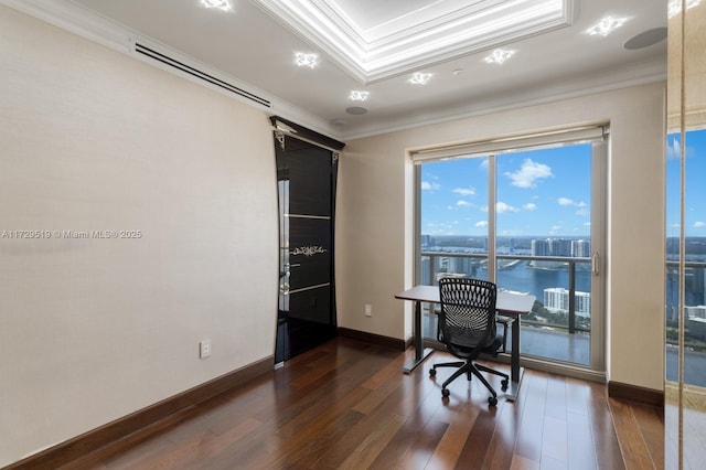 office with dark hardwood / wood-style flooring, ornamental molding, a raised ceiling, and a water view