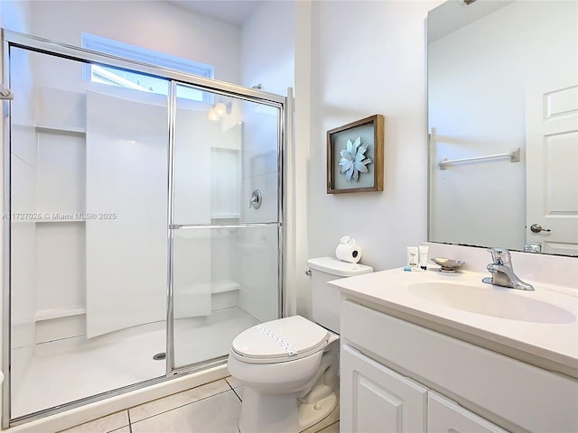 bathroom featuring tile patterned flooring, toilet, vanity, and walk in shower