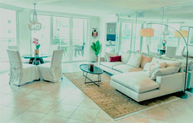 living room featuring an inviting chandelier, floor to ceiling windows, and tile patterned flooring