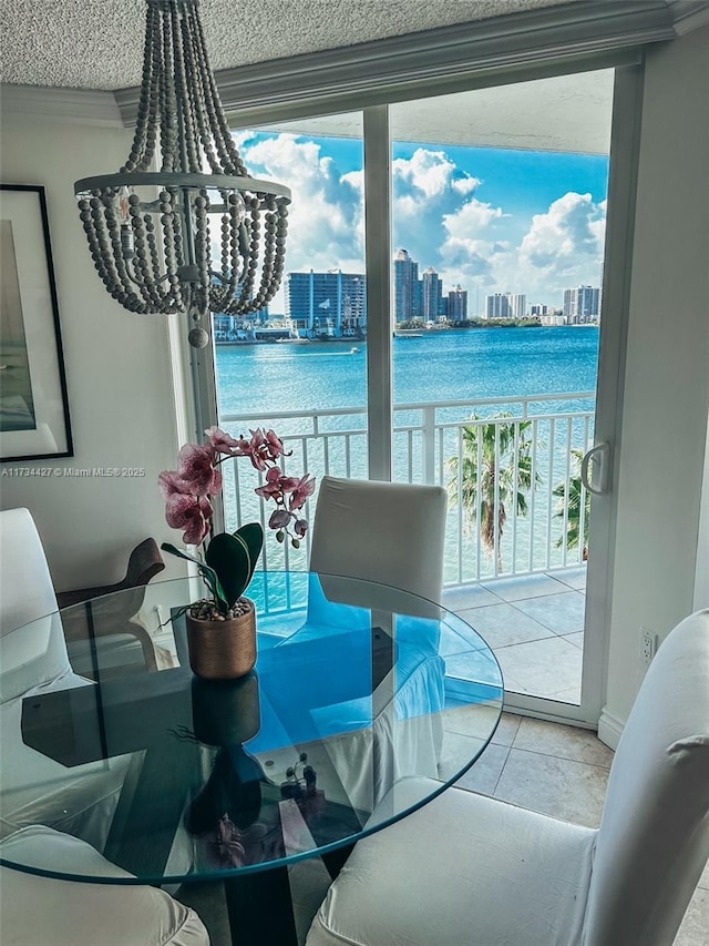 dining space with a water view, plenty of natural light, and tile patterned flooring