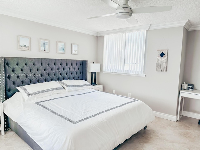 bedroom with a textured ceiling, ornamental molding, and ceiling fan