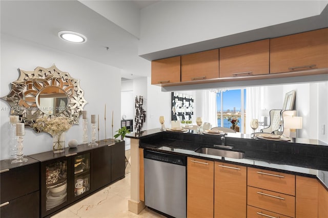 kitchen featuring sink, stainless steel dishwasher, and dark stone counters