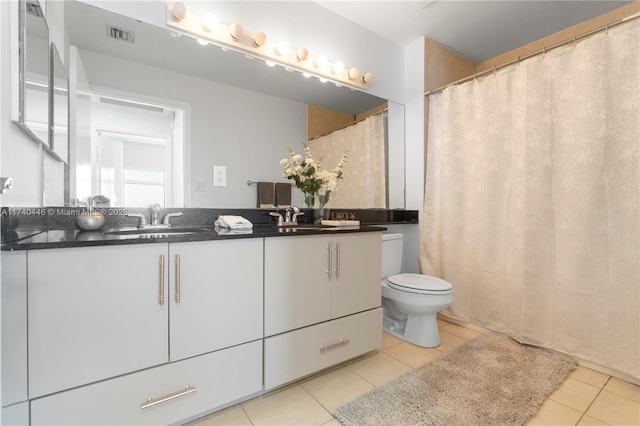 bathroom with vanity, toilet, and tile patterned flooring