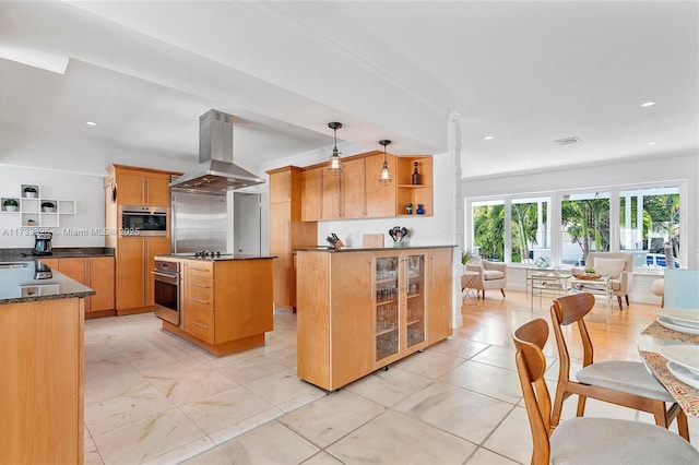 kitchen with island range hood, glass insert cabinets, pendant lighting, oven, and open shelves