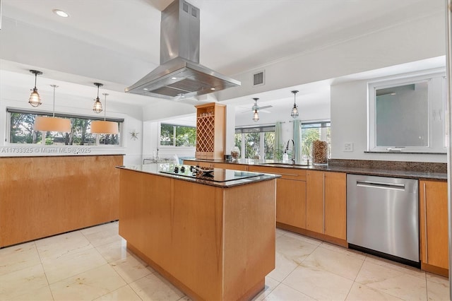 kitchen featuring visible vents, island range hood, dishwasher, black electric cooktop, and pendant lighting