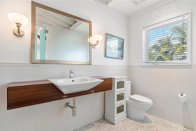 half bath featuring a sink, toilet, and crown molding