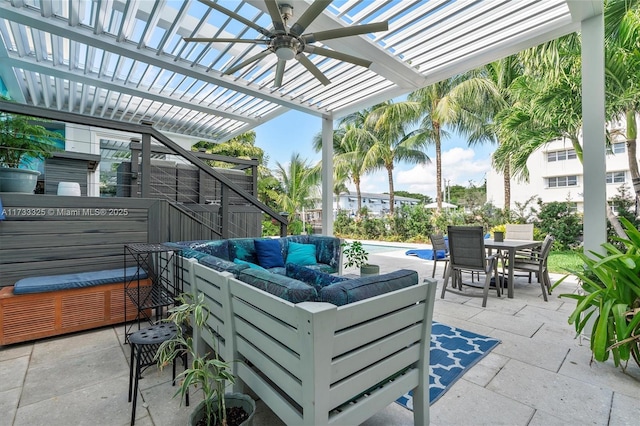 view of patio / terrace featuring ceiling fan, outdoor dining area, a jacuzzi, an outdoor hangout area, and a pergola