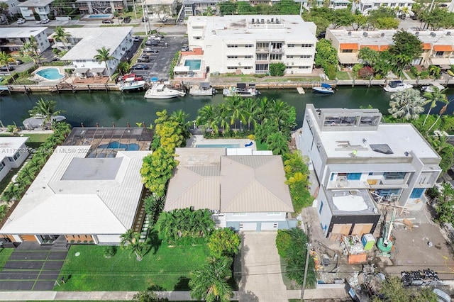 aerial view featuring a water view