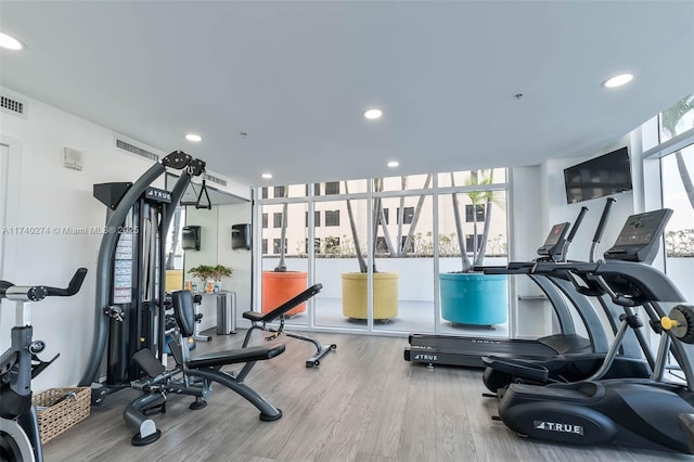 gym with hardwood / wood-style floors and expansive windows