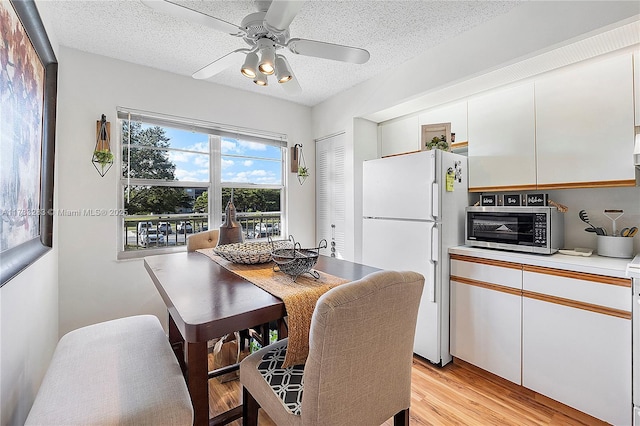 dining space featuring ceiling fan, a textured ceiling, and light wood-type flooring