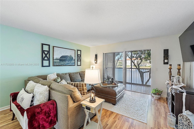 living room with a textured ceiling and light wood-type flooring