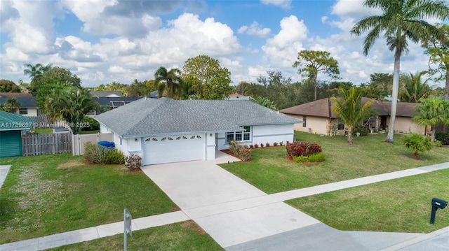 ranch-style house featuring a garage and a front lawn