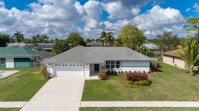 ranch-style house with a garage and a front lawn