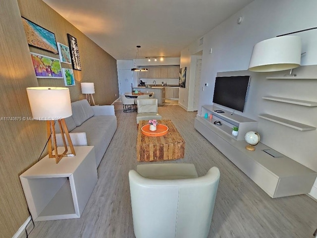 living room with rail lighting and light wood-type flooring