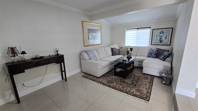 5051 NE 6th Ave, Deerfield Beach, FL 33064 - tiled living room with ornamental molding and beam ceiling