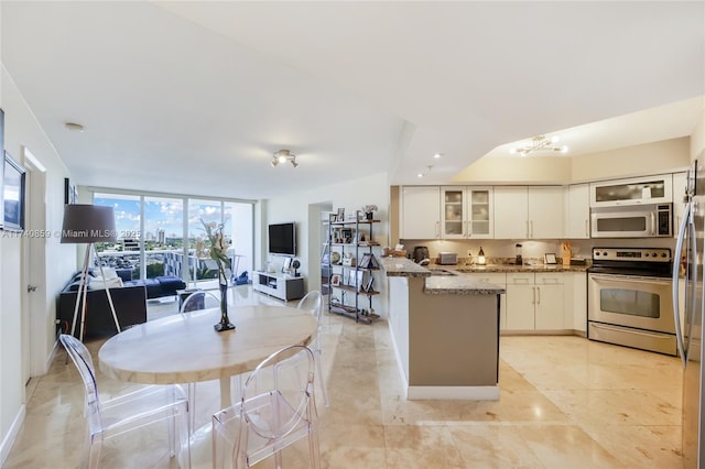 kitchen with sink, white cabinetry, a wall of windows, stainless steel appliances, and light stone countertops