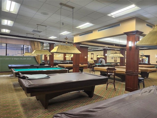 playroom featuring carpet, a paneled ceiling, and billiards