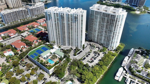 aerial view with a water view and a city view