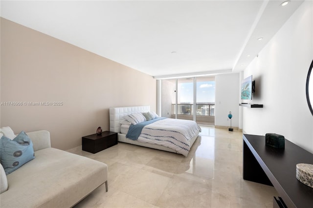 bedroom featuring recessed lighting, marble finish floor, and floor to ceiling windows