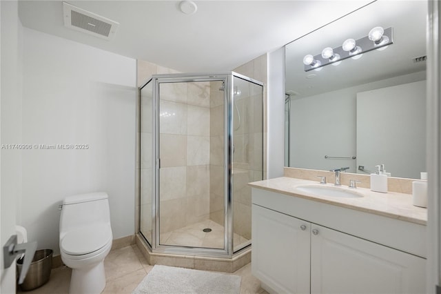 full bathroom with toilet, a stall shower, tile patterned flooring, and visible vents