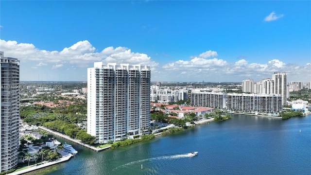 drone / aerial view featuring a water view and a city view