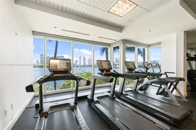 exercise room featuring a view of city, a tray ceiling, floor to ceiling windows, and baseboards