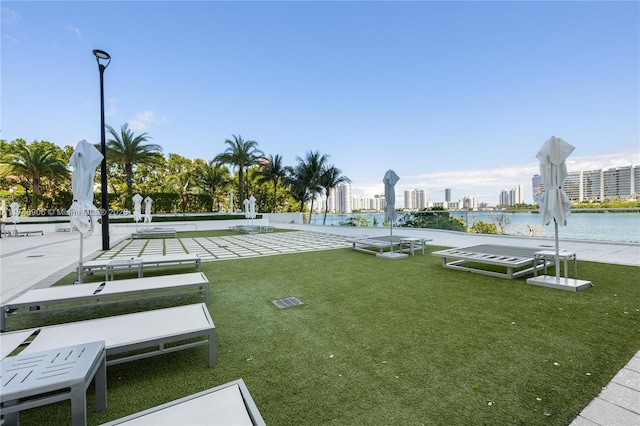 view of property's community with a city view, a yard, shuffleboard, and a water view