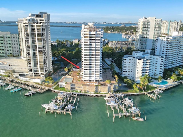 aerial view featuring a water view