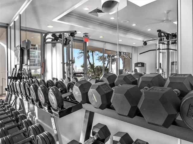 exercise room featuring ceiling fan and ornamental molding