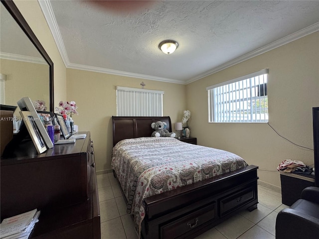 tiled bedroom featuring crown molding and a textured ceiling