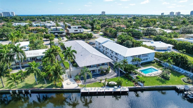 birds eye view of property featuring a water view