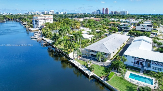 aerial view featuring a water view